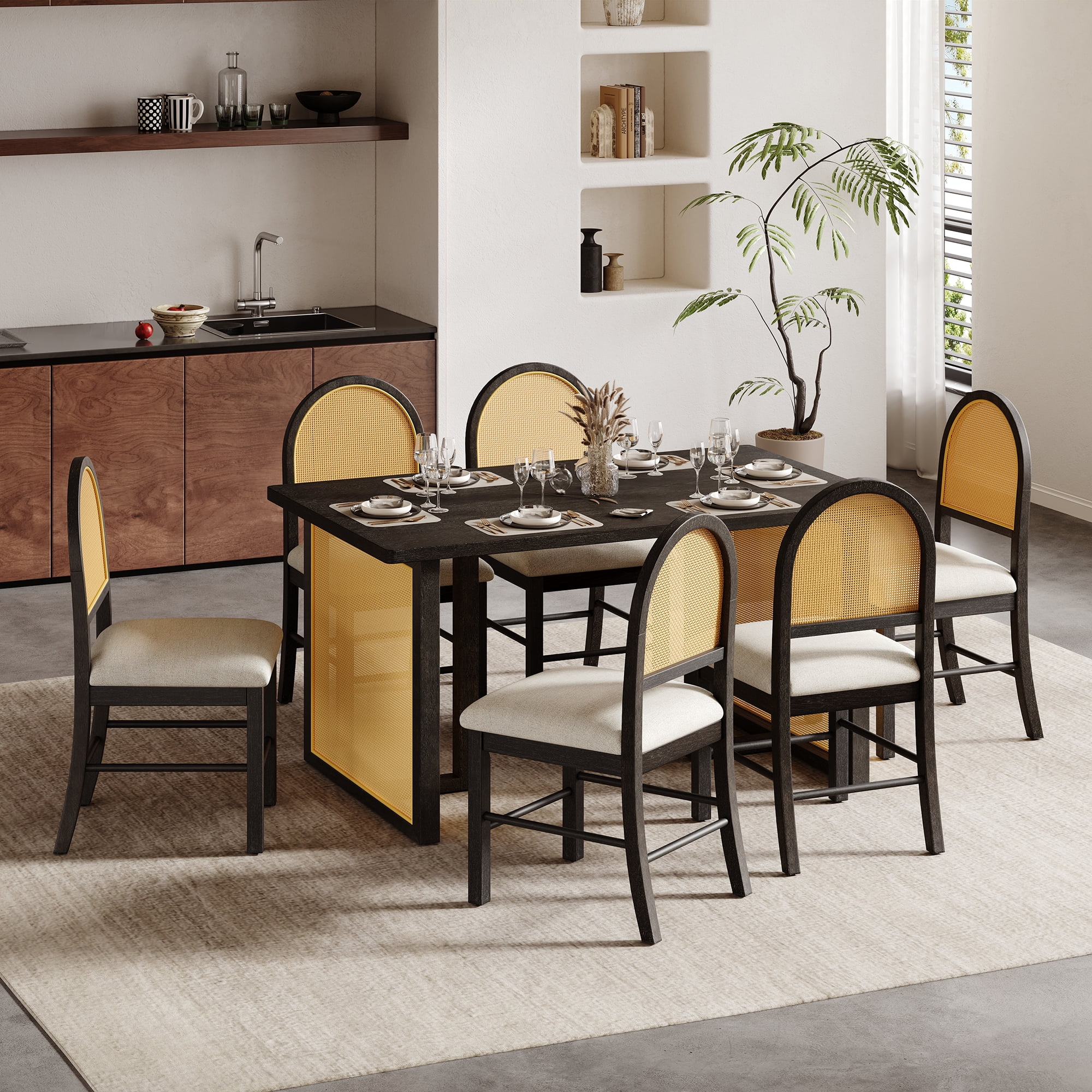 HOQBN Farmhouse 7 Piece Dining Table Set for 6,59.8" Rectangular Dining Table with Distressed Oak Veneer and 6 Rattan Chairs, Rustic Kitchen Furniture for Dining Room,Beige
