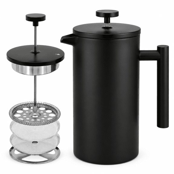 Black 34oz/2 Litre 304 Grade Stainless Steel Press Coffee Maker for Home Office Travel Camping