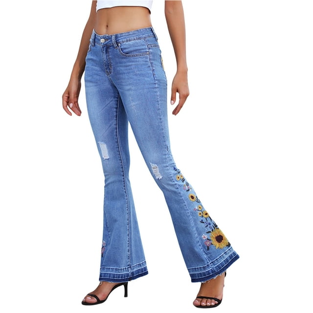 Womens Casual Stretch Mid Waist Embroidered Sunflower Bell Bottom Jeans