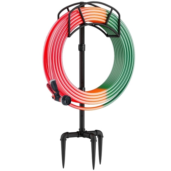 Heavy Duty Freestanding Metal Garden Hose Holder, 150ft Storage Hanger, Detachable with 3 Spikes, Black