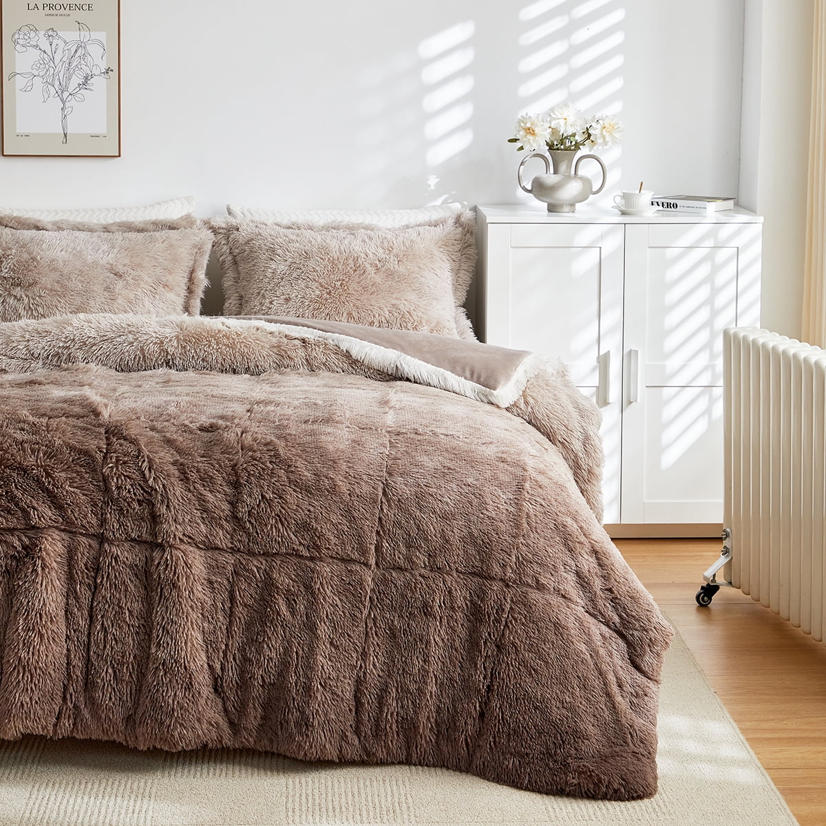 Wajade Ombre Shaggy Duvet Cover Comforter Cover Set Fluffy Fuzzy Faux Fur Bedding Set ,No Fill(1 Duvet Cover + 2 Pillow Shams, Coffee Ombre, Full Size)