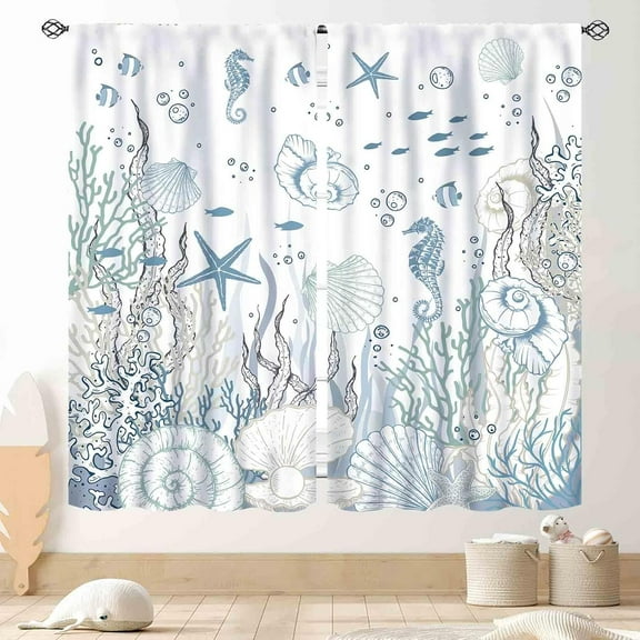 Nautical Beach Curtains, Coastal Seahorse Sea Turtle Starfish Seashell Undersea Animal Blue Blackout Drapes for Bedroom Living Room Kids Room Bathroom Kitchen Window Treatments 2 Panel, 52"x84" Inch