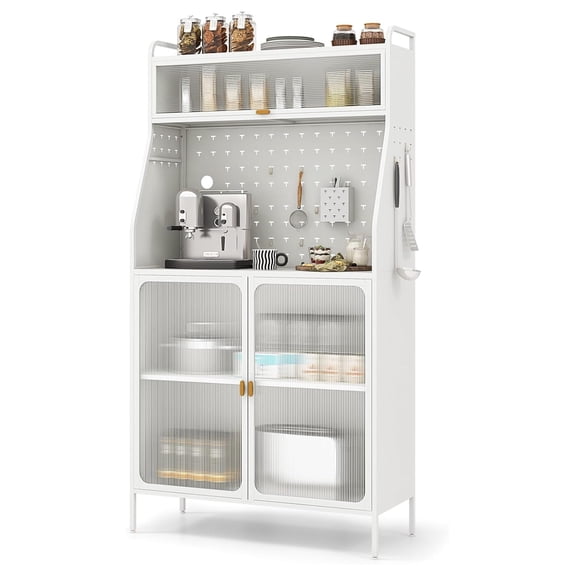 Kitchen Bakers Rack with Hutch & Cabinet - Metal Utility Shelf with Pegboard, Microwave Stand, Coffee Bar Station - White
