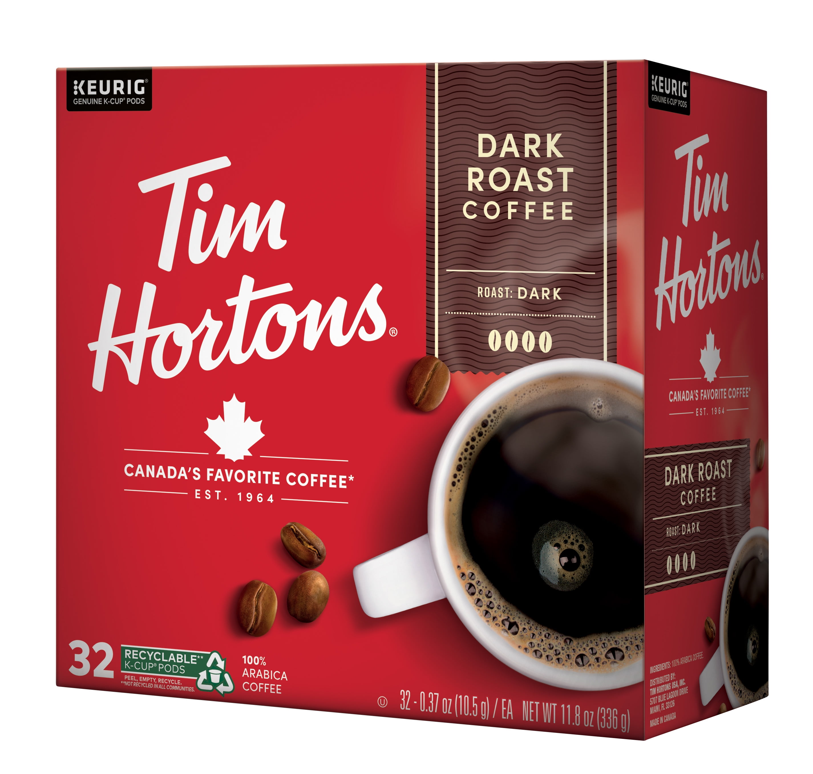 Tim Hortons Dark Roast K-Cup Coffee Pods for Keurig Brewers, Recyclable, 32 Ct