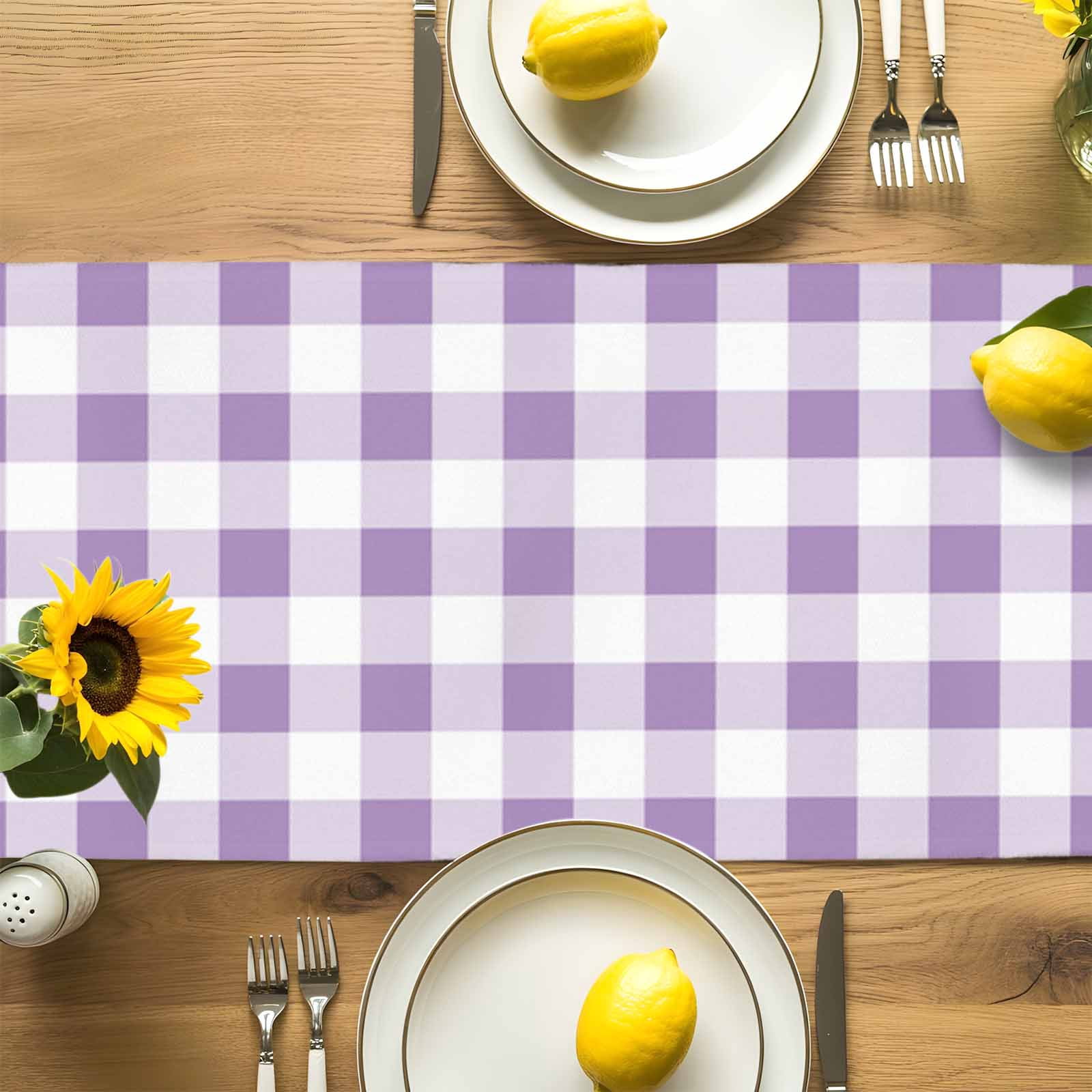 Farmhouse Buffalo Tartan Plaid Table Runner 90 Inches Long, Purple and White Table Runners Tabletop Scarf Kitchen Dining Tables Decoration for Home Party Indoor Outdoor