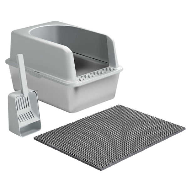 Caja de arena de acero inoxidable Caja de arena para gatos Caja de arena de lado alto Bandeja de arena para mascotas con parte abierta gris claro