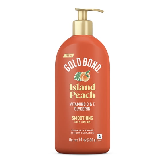 Gold Bond Island Peach Smoothing Silk Cream, Juicy Peach Scent, 24-Hour Hydrating Body Lotion with Vitamin C, Vitamin E, and Jojoba Oil, 14 oz.