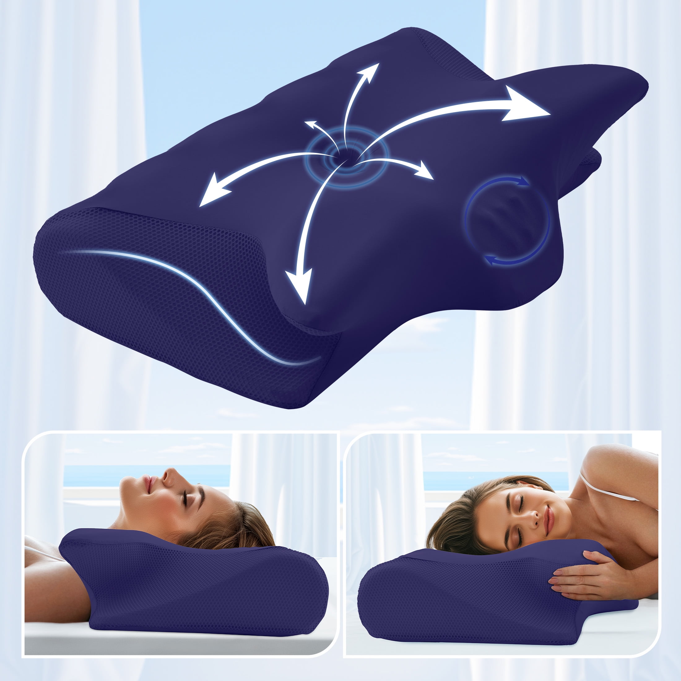 Vccoem Cervical Pillow for Neck Pain Relief, Ergonomic Hollow Design, Odorless Memory Foam Pillow for Sleeping, Orthopedic Contour Neck Support Pillows with Additional Pillowcase, Dark Blue