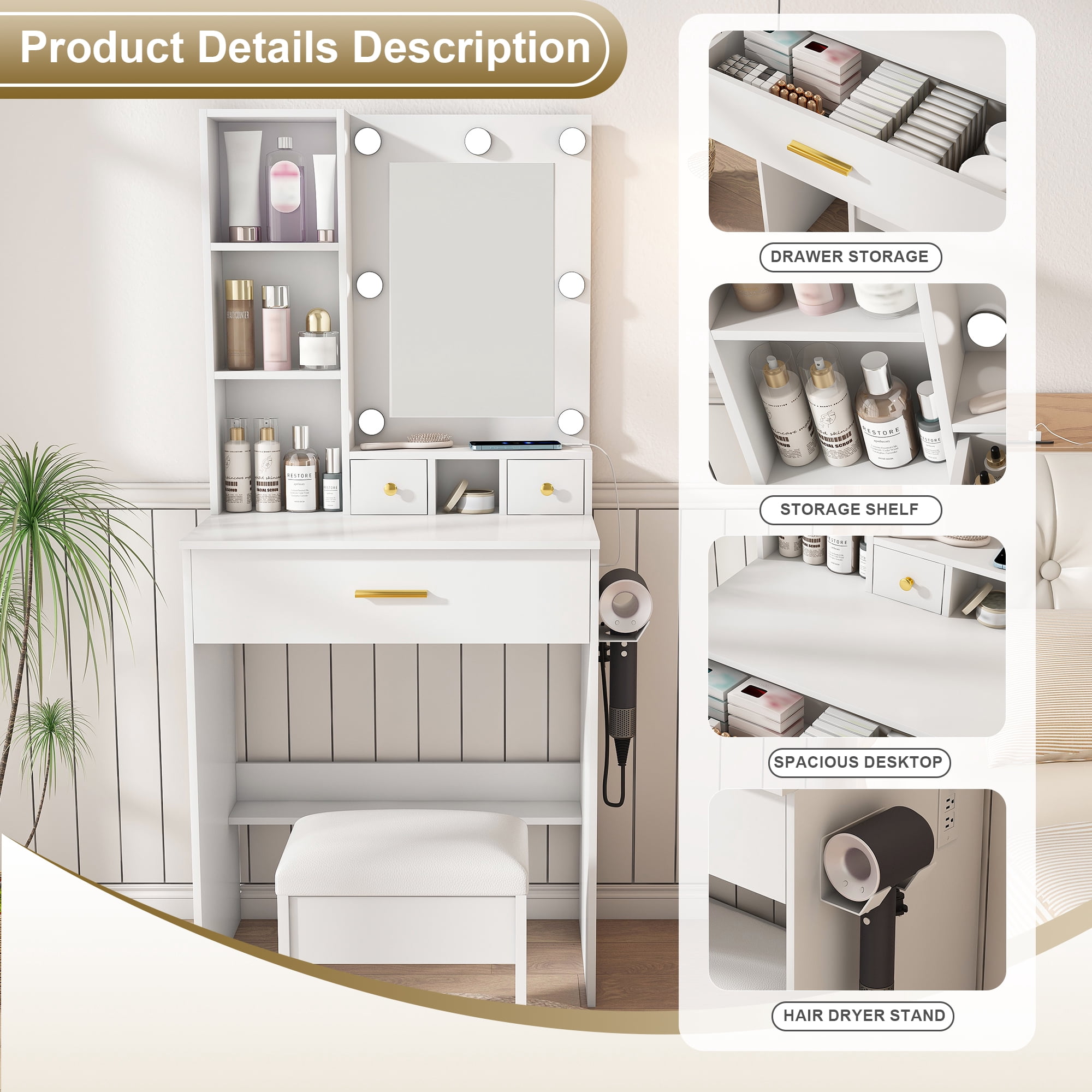 Compact Makeup Vanity Table with Adjustable LED Light Mirror, Built-in Power Outlet, Hairdryer Holder & Padded Stool, Multi Drawer Storage Dressing Table for Small Bedroom