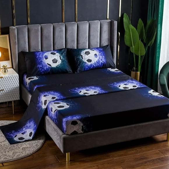 Ensemble 4 Pcs/ensemble Drap-Housse et Drap de Lit et 2 Pcs Taies d'Oreiller Ensemble de Literie Literie Motif Imprimé 3D Baseball/football Américain/basketball/football Fournitures de Chambre pour Garçons Filles et Ados