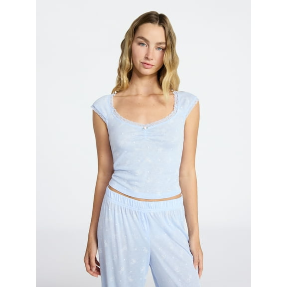 No Boundaries Sleep Pointelle Knit Baby Tee, Women’s XXS-3X