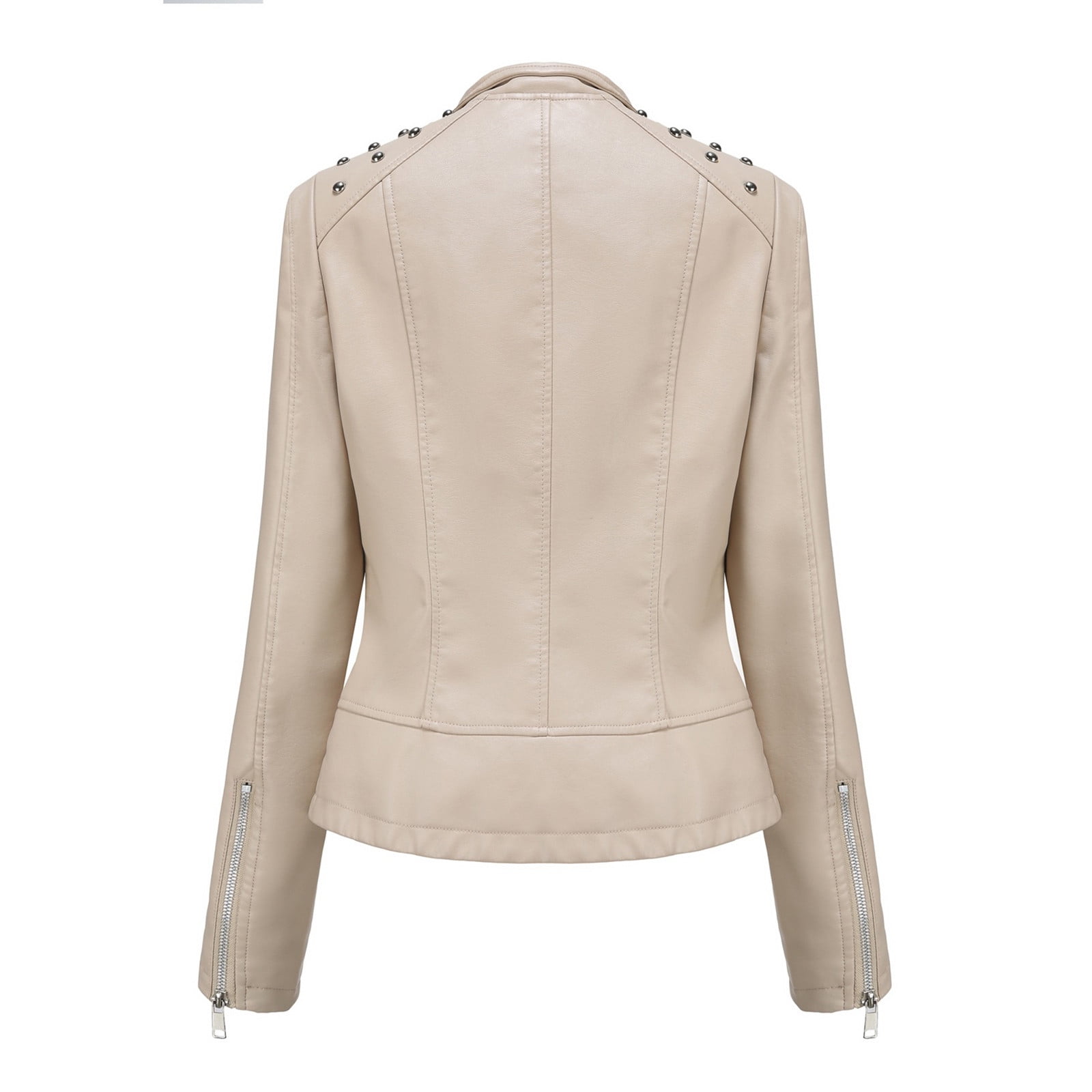 Gifts for Girls! QATAINLAV Women's Casual Light Studded Shoulder Moto Biker Jackets Solid Casual Oblique Zip Faux Leather Motorcycle Coat Beige XL