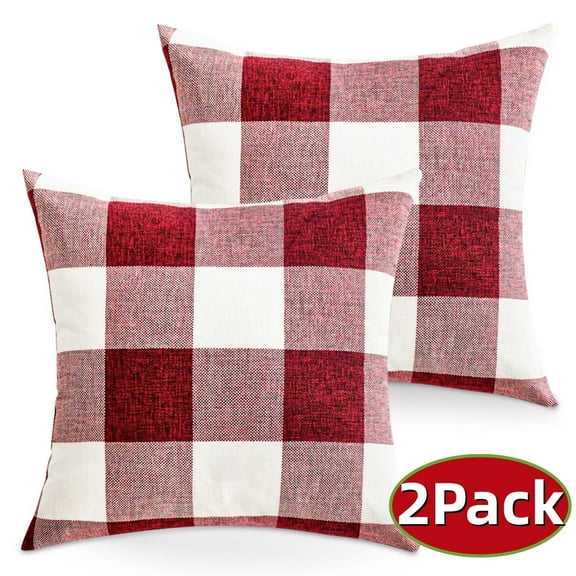 Christmas Plaid Decorative Throw Pillow Covers Farmhouse Buffalo Check Plaids Cushion Case for Holiday Sofa Bedroom 18x18 inch, White and Red