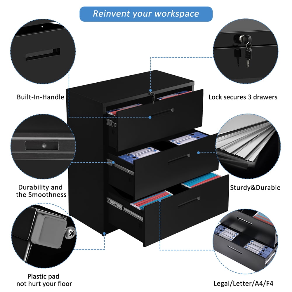 Kepooman 3-Drawer Lockable Lateral Metal File Cabinet for Home Office, 35.4" L x 17.7" W x 40.3"H, Black