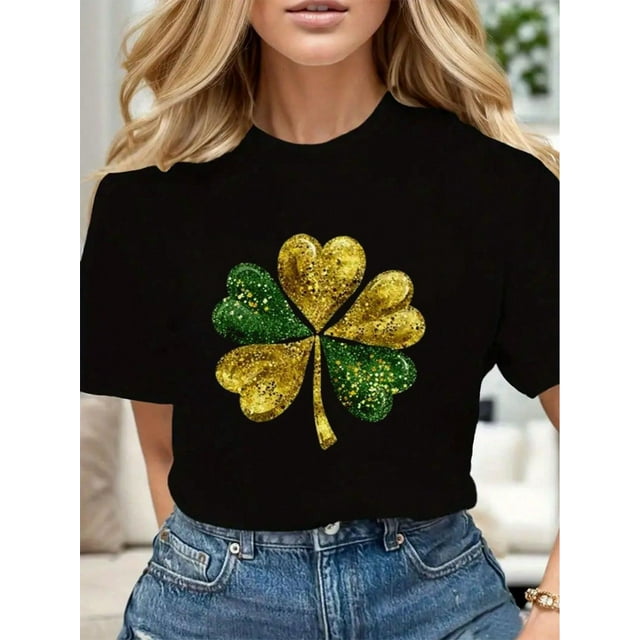 St. Patrick's Day Shamrock Fashion Tee Women Cotton Soft Stylish Casual Short Sleeve Crew Neck Top