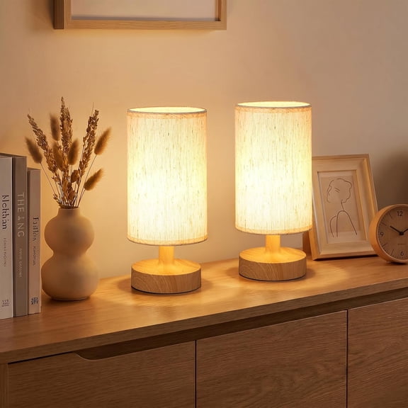2-Pack Small Table Lamp Cordless ,Dimmable, Battery Powered, Natural Wood Base Linen Shade, Rechargeable Table Lamp for Bedroom Dorm Nightstand