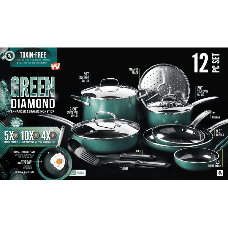 Blue Diamond 12-Piece Ceramic Non-Stick Cookware Set, Green 