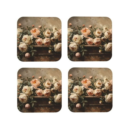 

KLL Drink Coasters Set Square of 4 PU Leather Absorbent Coasters Set Decorative Coffee Cup Coasters Housewarming Gift for Home Decor-Vintage Peonies Rustic Charm