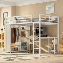 Generic Queen Loft Bed with Built-in Wardrobe & Desk - Space-Saving Metal Frame with Storage Shelves, White Wood Grain Finish​