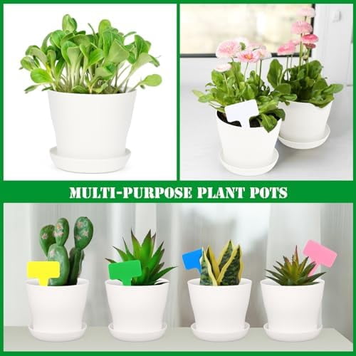 48 Pack Plastic Planters 4 Inch Flower Plant Pots Indoor Set Thickened Seedling Nursery Pots Seed Starting Pots with Drainage Holes Saucers, Mini Garden Tools for Home Office Garden, White
