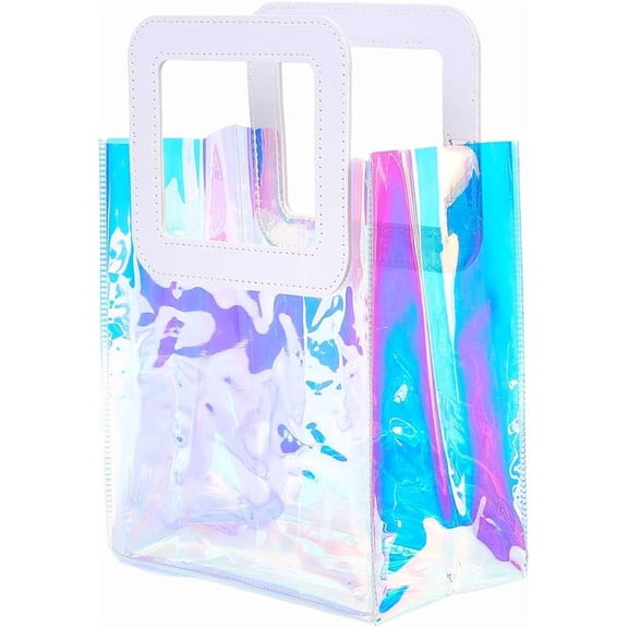 1set 10 x 7 x 3.7 inch Clear Holographic Bag Small Plastic Tote Bags with Handle Reusable PVC Iridescent Goodie Container Gift Wrap Pouch for Party Favor Birthday Wedding Shopping Beach Travel DIY