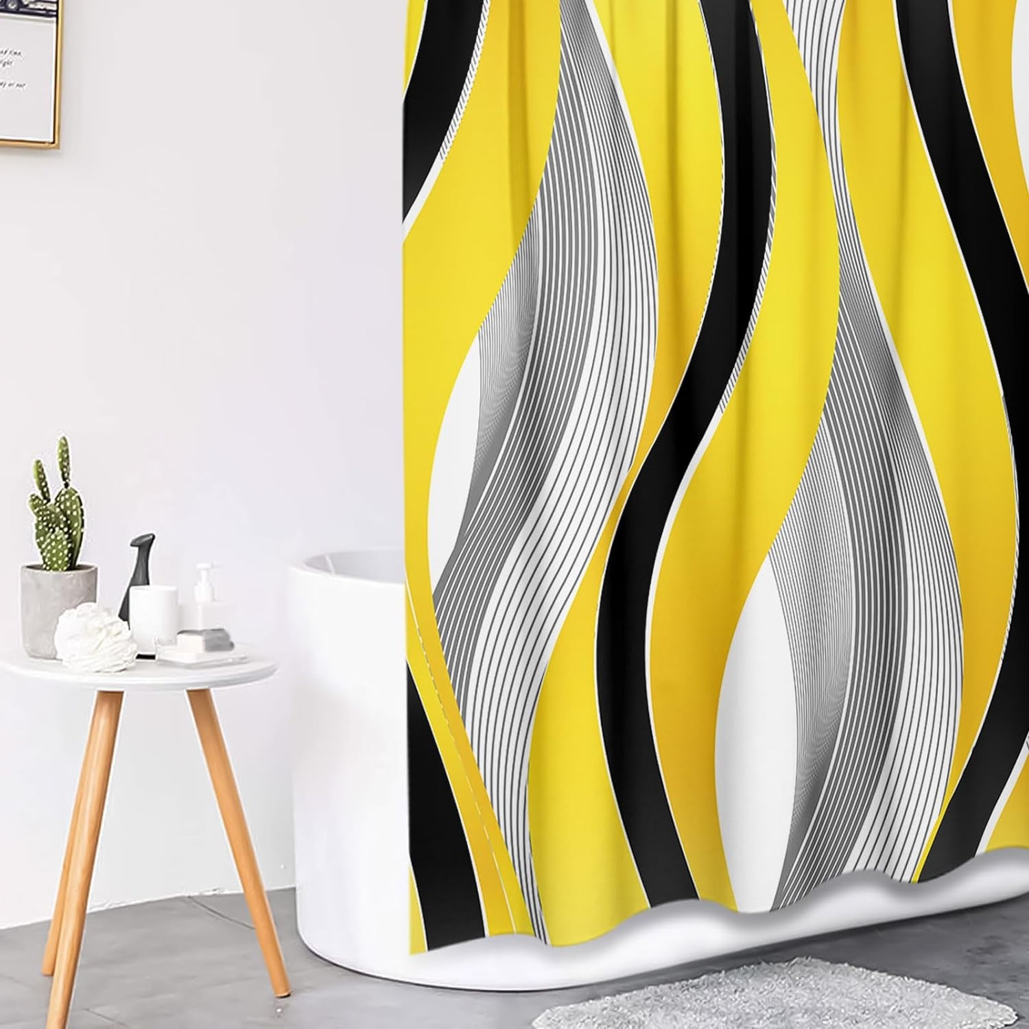 Grey Black Wavy Line Shower Curtain Set with Toilet Lid Cover and Non-Slip Rugs for Bathroom, Abstract Stripes 4 Pcs Shower Curtain, Modern Geometric Bathroom Set with 12 Hooks