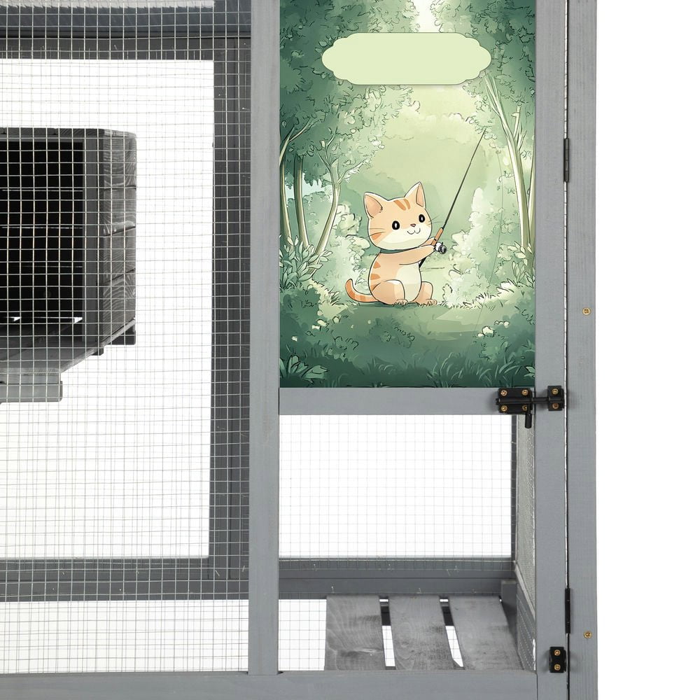 Resenkos 70-Inch Cat Catio, Outdoor Wooden Enclosure With Wheels, Multi-Level Platforms, Lockable Door, Sunroof, Custom Panels, Gray