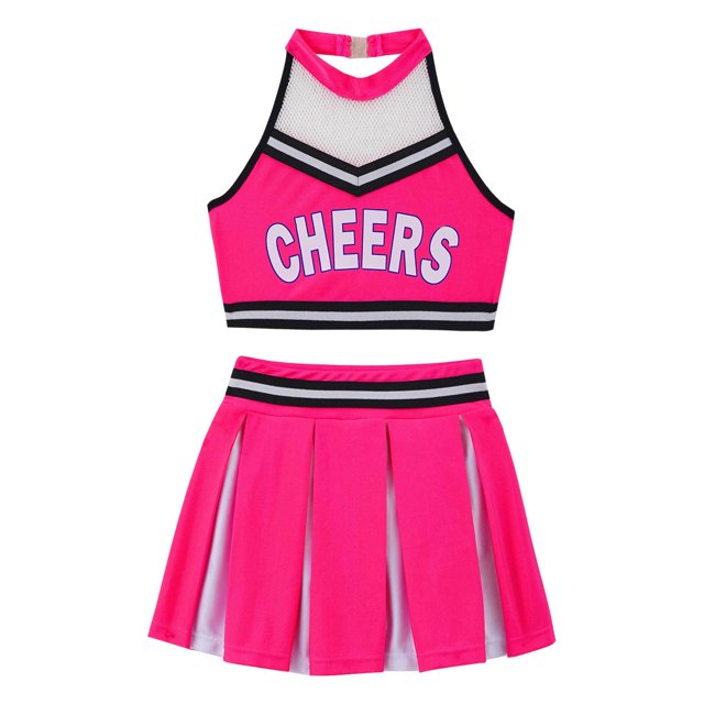 Jizyo Girls Classic Cheerleading Team Uniform Mesh Splice Crop Top with Pleated Boxer Skirts Rooter Stage Suit Hot Pink 8