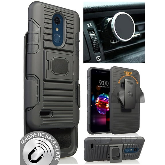 Nakedcellphone Black Ring Grip Case Cover   Belt Clip Holster Stand   Magnetic Car Mount Holder for LG K30, Premier Pro, K10 (2018), Phoenix Plus, Harmony 2 (X410, L413DL)