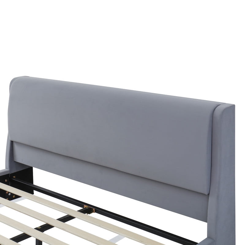 Queen Size Upholstered Platform Bed with LED Lights, Velvet Kids/Teens/Adults Low-Profile Bed Frame with Pet Nests at Footboard