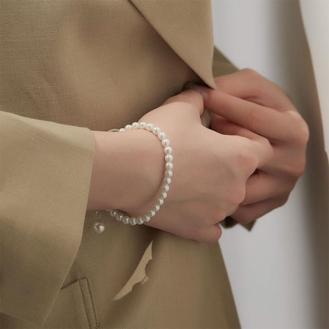 Pulseras de perlas,Pulseras de perlas ajustables Universal Women Party,Hebilla deslizante sin estiramiento de joyería blanca redonda,Colgante de plata con baño de cobre Enlace simple,Fiesta Yinane Pulseras de perlas