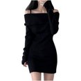 thumbnail image 2 of mfyjkho Vestidos de tallas grandes, Vestido de punto acanalado ajustado con solapa y hombros descubiertos para mujer, falda corta ajustada a la cadera, otoño e invierno m, 2 of 7