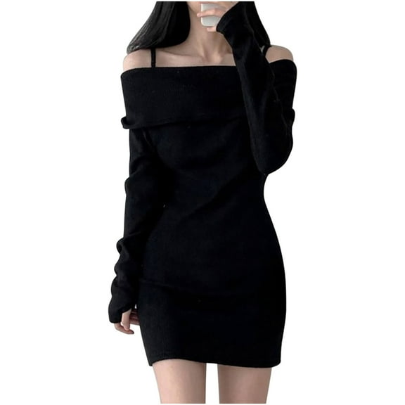 Off Shoulder Sweater Dress for Women Long Sleeve Solid Color Dresses 2025 Trendy Ribbed Knit Bodycon Mini Dress