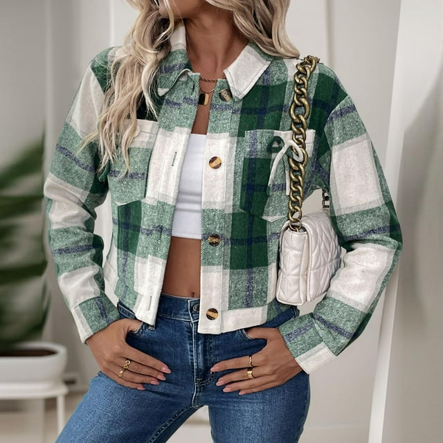 Nfurl Vestes Courtes pour Femmes Mode Veste à Carreaux Décontractée Manches Longues Col Rabattu Vêtements d'Extérieur pour Sortir Manteaux d'Automne Vert TG