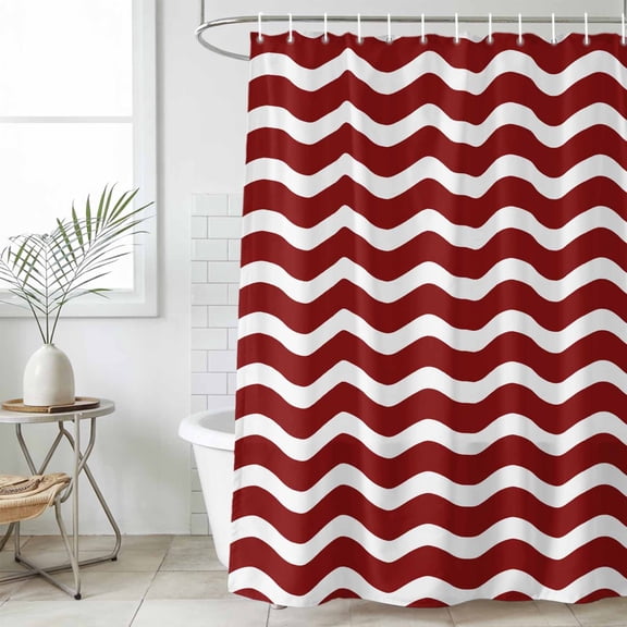 Red White Waterproof Fabric Shower Curtain,Modern Abstract Waves Water Ripple Striped Waterproof Fabric Shower Curtain for Bathroom Curtains Bathtubs Hotel Shower Curtains with 12 Hooks Stall 48x72in