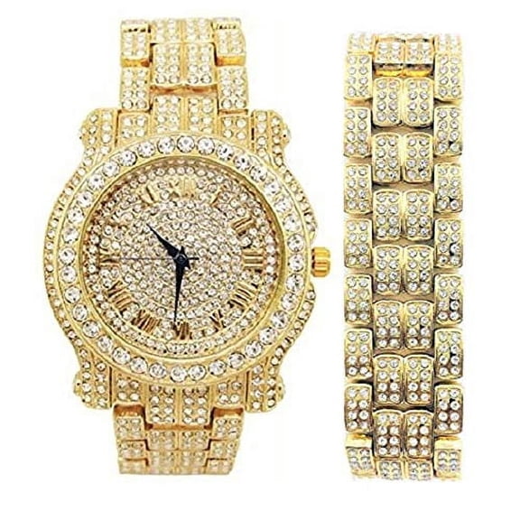 Bling-ed Out Round Luxury Mens Watch with Color Dial and Bling Bling Diamond Time Indicators w/Bling-ed Out Matching Bracelet - L0504DXB (Gold)
