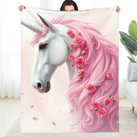 RKSupls Pink Rose Unicorn Soft Flannel Throw Blanket, Lightweight Fuzzy Warm Cozy Blanket for Couch Bed Home Travel Decor