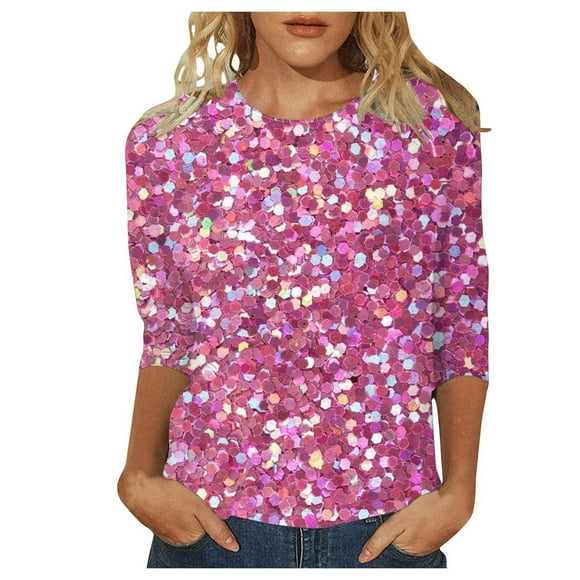 Women's T Shirts Ladies Casual Crew Neck Carnival Sequin Effect 3/4 Length Sleeve T Shirts Top Oversized Tshirts Pink XXL