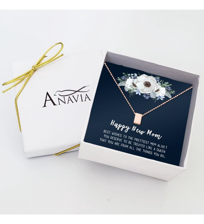 Happy New Mom Mother's Day Necklace, Mother's Day Gift for Her, Silver Cube Necklace, Mother's Day Card and Necklace, Gift for Mom with Gift Box Ship Next Day! [Rose Gold Cube, No-Personalized Card]