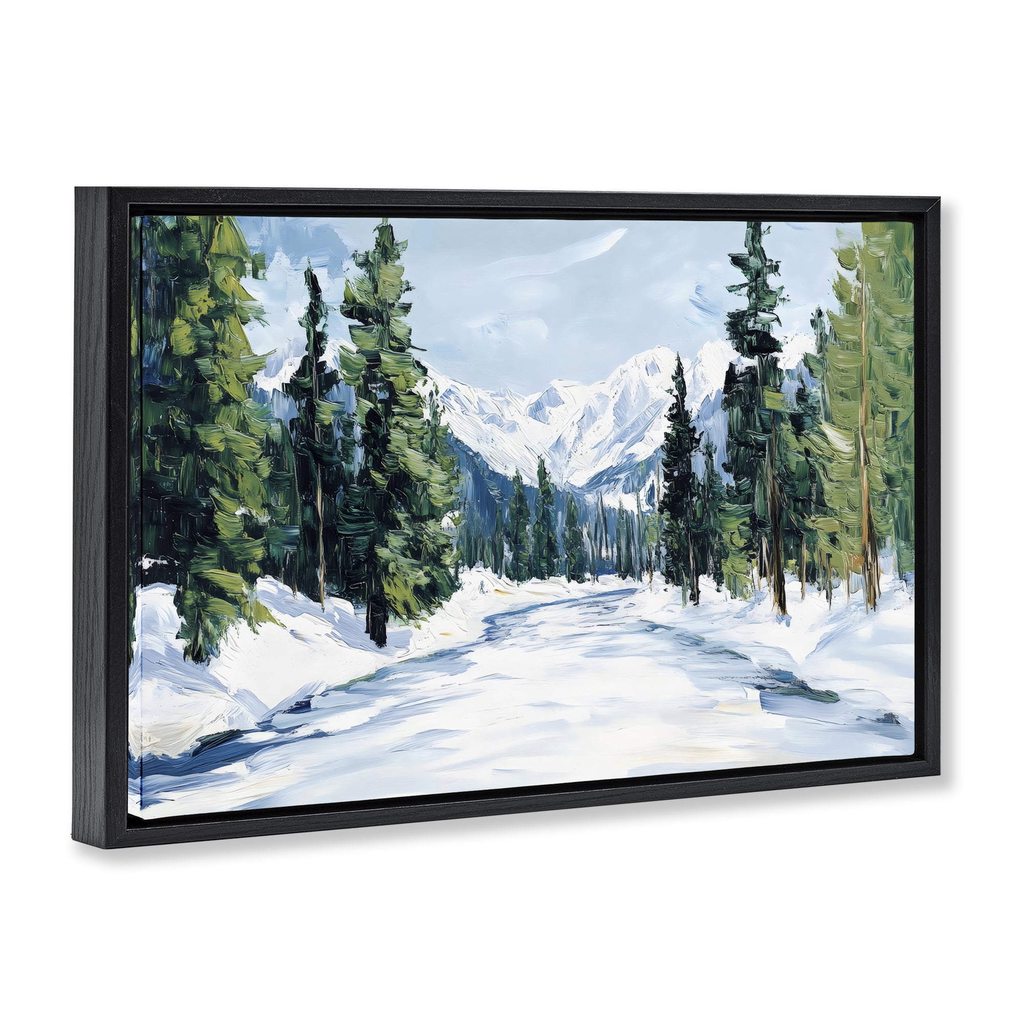Snowy Tall Tree Pass Black Framed Floater Canvas Wall Art, design by Petal Prints Design