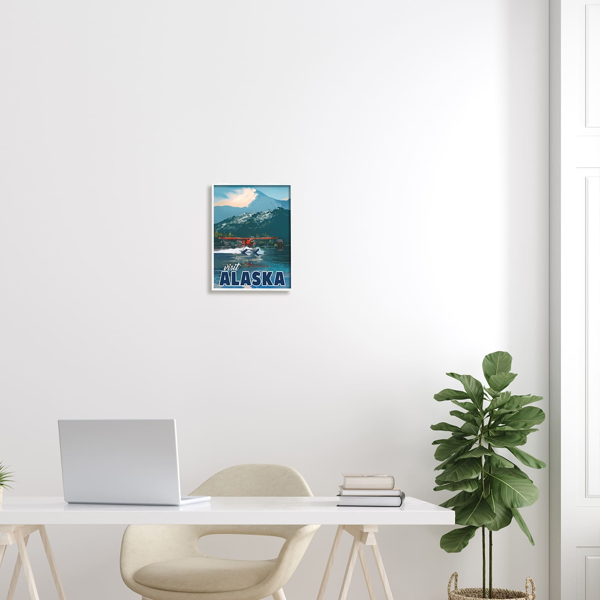 Stupell Industries Visit Alaska Seaplane Landing Snowy Mountain Scenery Graphic Art White Framed Art Print Wall Art, Design by David Owens Illustration