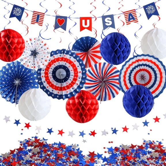 4th of July Patriotic Decorations Set, Memorial Day Independence Day Party Supplies with Red White Blue Paper Fans Honeycomb Paper Fans Star Banner Swirls, 27Pcs