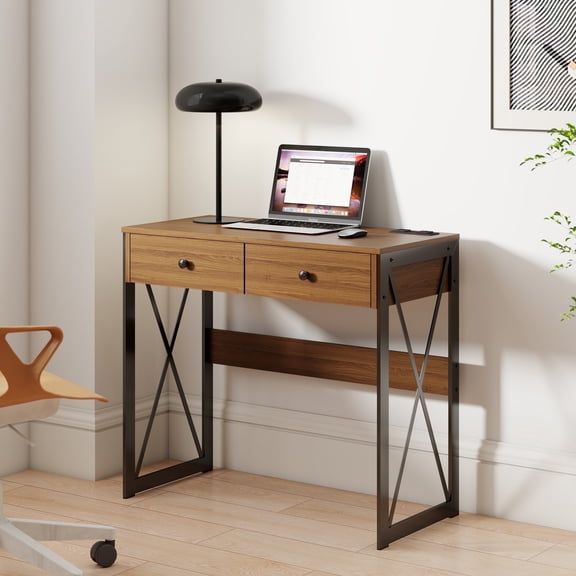 Manora Home Office Desk, Computer Desk Small PC Table with 2 Drawers, X Shaped Legs, Walnut