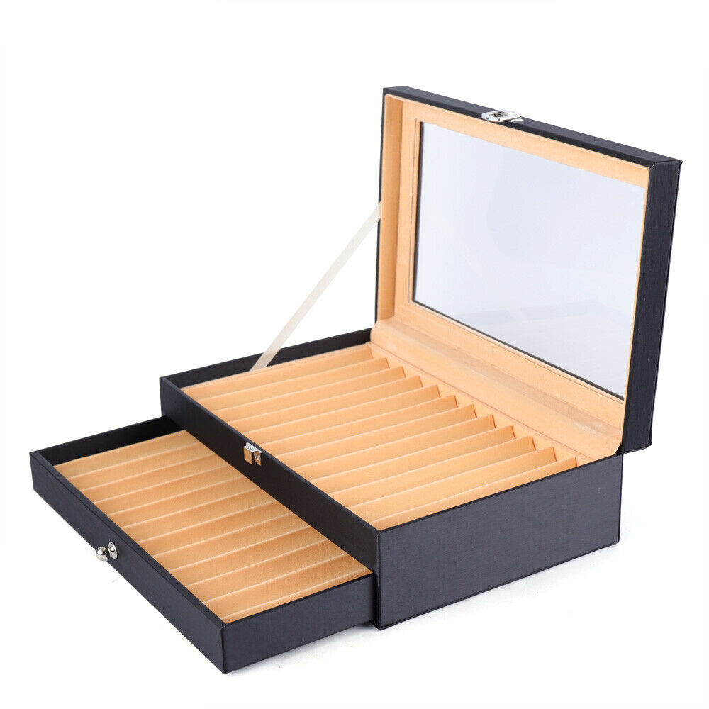 Pen Display Box Leather Flannel Pen Organizer Box,Glass Pen Display Case Storage Box with Lid,Top Glass Window Two Level Display Case with Drawer Pen - image 5 of 8