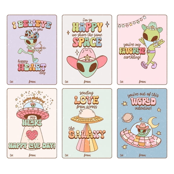 Retro Groovy Alien Valentine's Day Classroom Sharing Card Set of 24, Assorted Valentine Designs - You're My Favorite Earthling