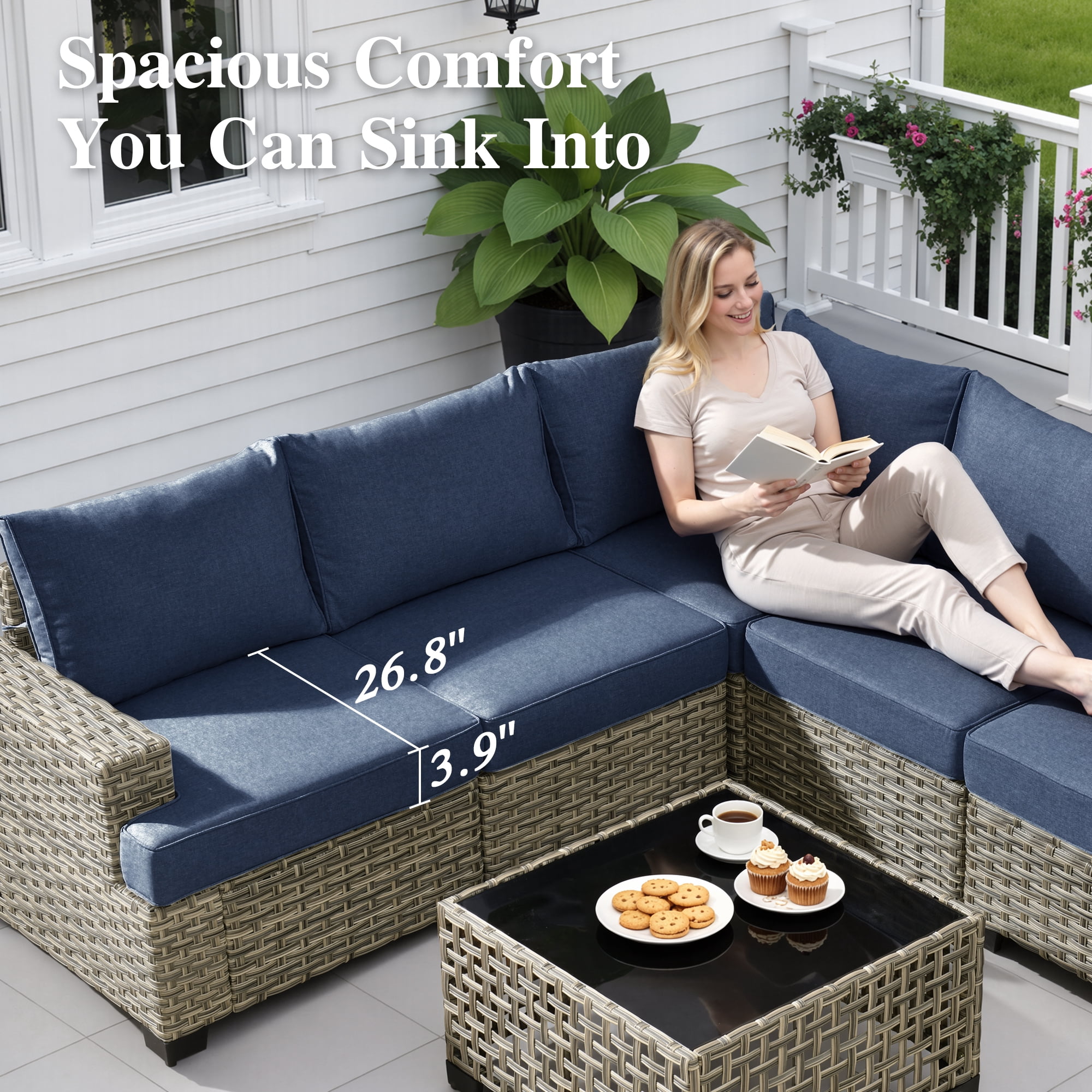 Ovios 6-Piece Outdoor Patio Furniture Set with Solar-Powered Lighted Coffee Table, All-Weather Wicker L-Shaped Sectional Sofa, Denim Blue