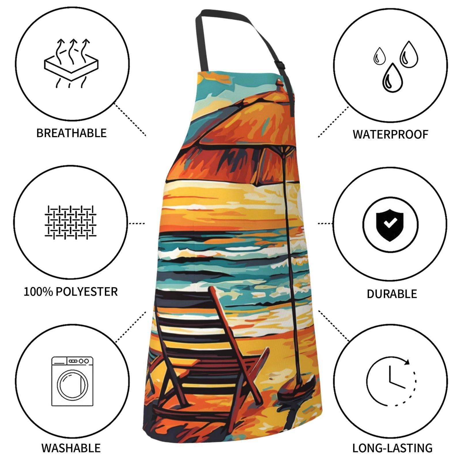 Kdxio Beach Umbrella Sunset Apron with Pockets Adjustable Kitchen Aprons for Men Women Waterproof Aprons for Cooking,Drawing,Crafting, Baking Household Cleaning