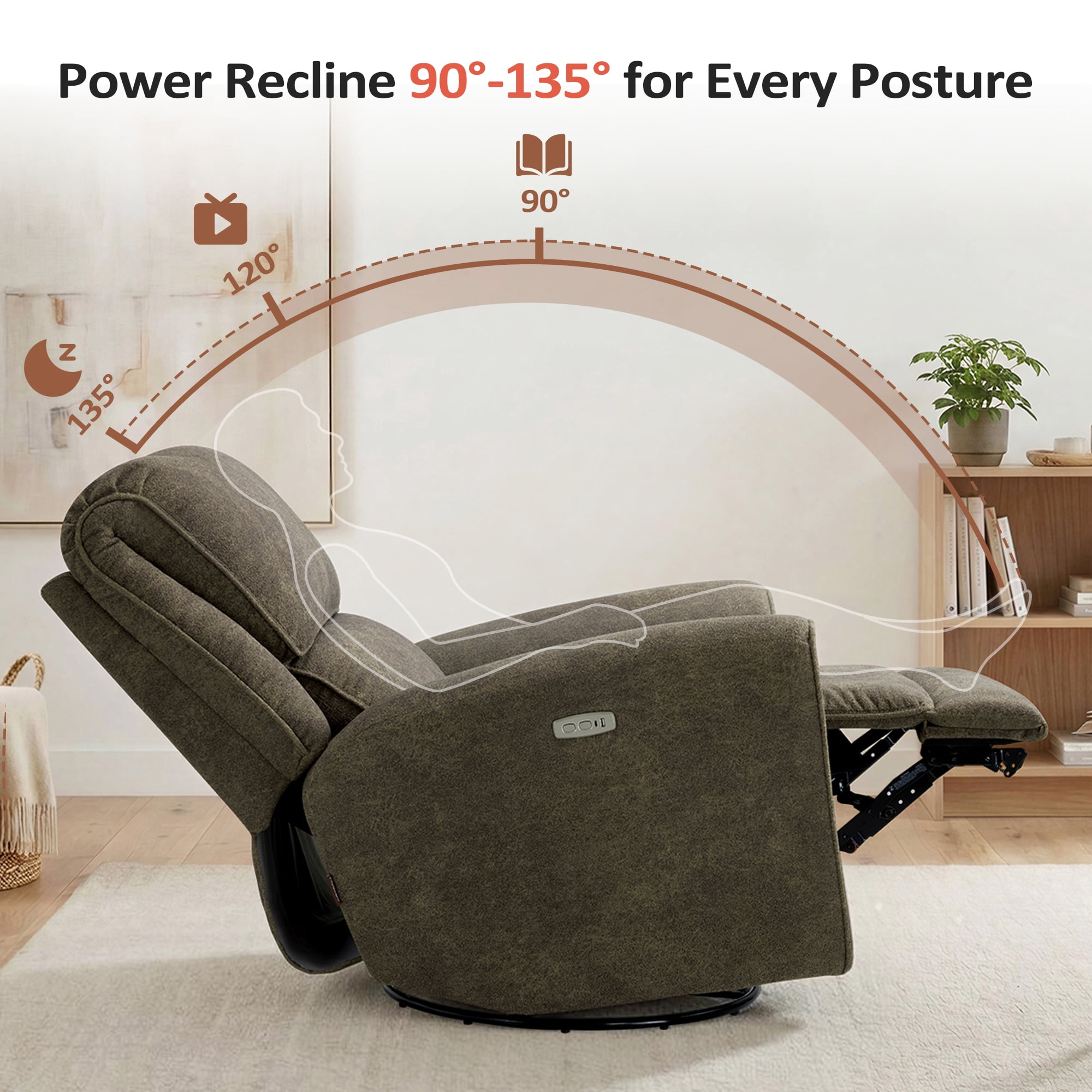 MCombo 400lbs Oversized Swivel Rocker Power Recliner Chair for Big and Tall People, Fabric, Brown