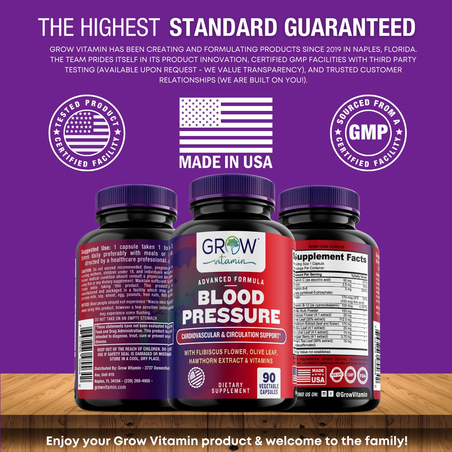 Grow Vitamin Blood Pressure Supplement for Cardiovascular Circulation and Endurance - 90 Capsules