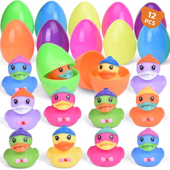 Fun Little Toys 12 Pcs Prefilled Easter Eggs with Rubber Duck Toys for Kids,Easter Theme Party Favors,Bright Colorful Easter Eggs Filled with Assorted Colors Duck Toys for Fun Bath Toys